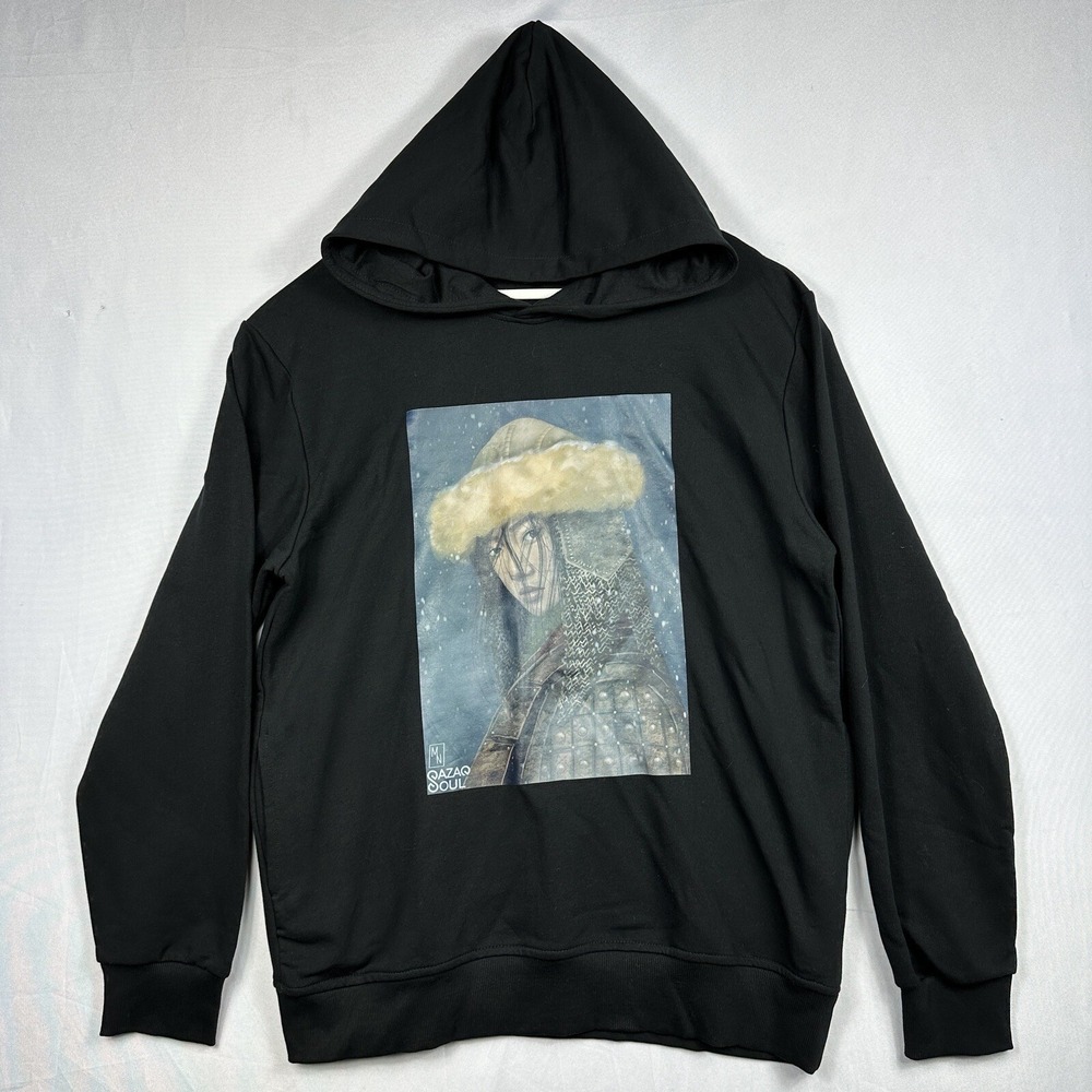 Qazaq Soul Mens Graphic Hoodie Black Central Asian Art Print Sweatshirt Large